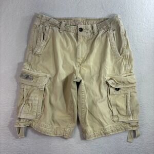 Y2K American Eagle Baggy Cargo Shorts Men 34x12 Tan Longer Length Gorp Utility